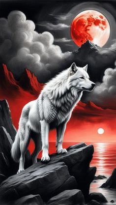 a white wolf standing on top of a rock next to the ocean under a red moon