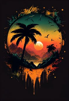 a sunset with palm trees and mountains in the background