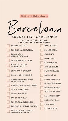 the bucket list for barcelona is shown in pink and black, with an orange border