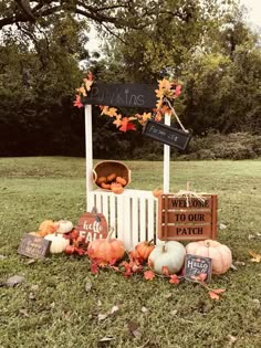 a sign that is sitting in the grass with pumpkins and other decorations around it