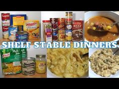 there are many different types of food in this collage with the words shelf stable dinners