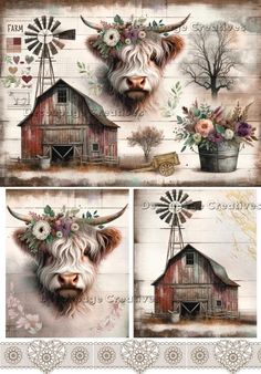 a painting of a cow with flowers on it's head and a barn in the background