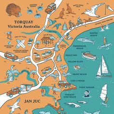 an illustrated map of victoria australia with boats, yachts and people on the water