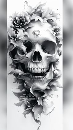 a skull with flowers on it's head is shown in this black and white photo