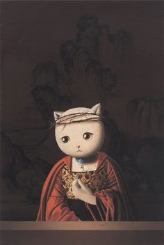 a painting of a white cat wearing a red dress