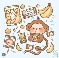 a monkey holding a drink surrounded by various items such as bananas, cookies and other things