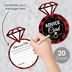 a hand writing on a red and black advertise card