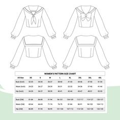 the women's pattern size chart for an unisex shirt with long sleeves