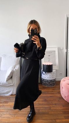 All Black Business Dress, Black On Black Outfits Work, All Black Outfit Styling, Black Rollneck Outfits, Midi Dress Fall Outfit Boots, Hipster Date Night Outfit, Womens Winter Shoes 2022, Reformation Work Outfit, Edgy Witch Outfit