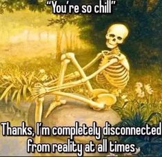 a skeleton sitting on top of a rock with the caption you're so chill thanks