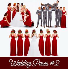 a group of people in red dresses posing for wedding photos with their arms around each other