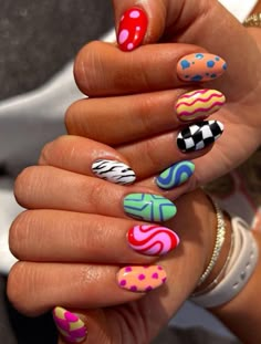 Cr:@mynailgirlness Music Fest Nails, Cute Funky Nails Square, Cute Funky Nails Short, Funky Nail Designs Fun, Every Nail Different Design, Multi Design Nails, Dopamine Nails, Fun Colorful Nails, Nail Designs Bright