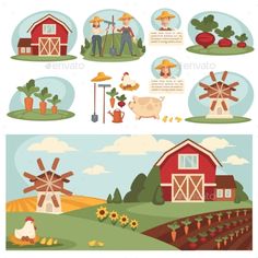 farm scene with farmer and animals - people characters