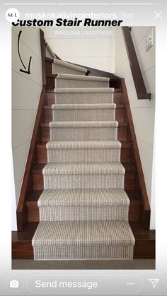 a stair runner is shown on the bottom of a set of stairs with an arrow pointing up