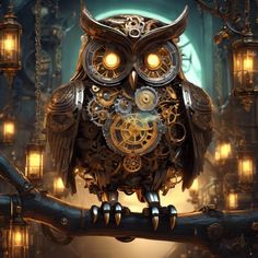 an owl clock sitting on top of a branch with lots of gears in its eyes