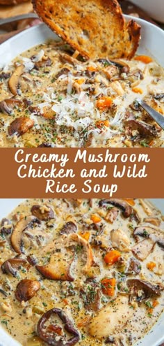 creamy mushroom, chicken and wild rice soup with bread on the side is ready to be eaten