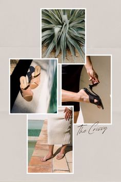 collage of the crissy, a cross elastic slide style. Super chic and simple style for summer and vacation. Picture of them being converted to flats from 4 inch stilettos.