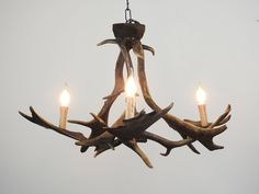 a chandelier with antlers and candles hanging from it