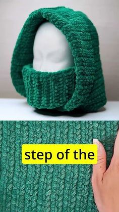 two photos one with a green knitted hat and the other has a yellow sticker that says step of the beanie