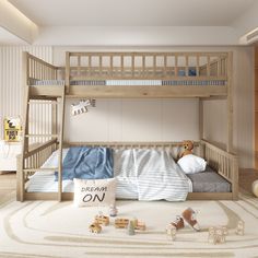 a child's bedroom with two bunk beds and toys on the floor in front of it