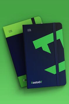 two notebooks sitting next to each other on a green and blue background with the word fasto