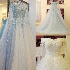 two pictures of dresses on display in a store, one is blue and the other is white