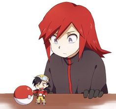 an anime character sitting at a table next to a pokemon ball and another person with red hair