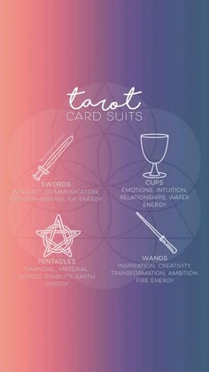 the tarot card suit is shown in white on a blue and pink background with other symbols