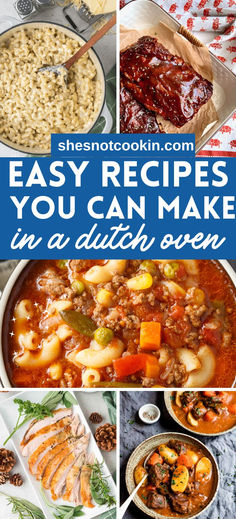 Photo collage of Dutch oven dinner recipes with text overlay. Cooking In Dutch Oven Easy Recipes, Easy Dutch Oven Dinners, Cooking In A Dutch Oven, Dutch Oven Christmas Recipes, Dutch Oven Potatoes In The Oven, Dutch Oven Dinners One Pot Meals, Quick Dutch Oven Recipes, Small Dutch Oven Recipes, Dutch Oven Easy Recipes