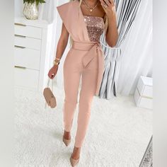 Make A Bold Statement In This One-Shoulder Jumpsuit. Features: Gorgeous, Chic Sequin Details Self-Tie Waist Belt One-Shoulder Detail Hidden Zipper Material: 95% Polyester, 5% Spandex Cocktail Jumpsuit, Mode Rose, Bodycon Outfits, Evening Jumpsuit, One Shoulder Jumpsuit, Sequin Jumpsuit, Jumpsuit Chic, Jumpsuit Elegant, Jumpsuit Party