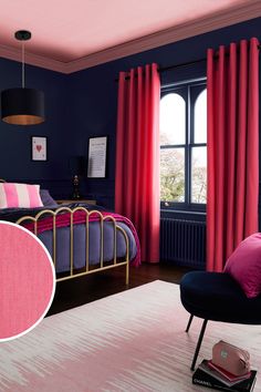 a bedroom with blue walls and pink curtains