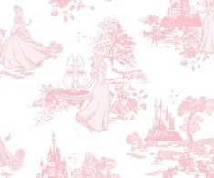 disney princess wallpaper in pink and white with castle silhouettes on the back ground