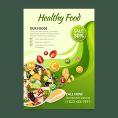 a flyer for healthy food with vegetables and fruits on it's side, in green tones