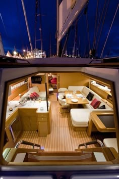 the interior of a sailboat at night