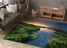 a living room with green grass on the floor and a couch in front of it