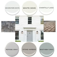 some white paint colors and their names on the front of a house with different windows