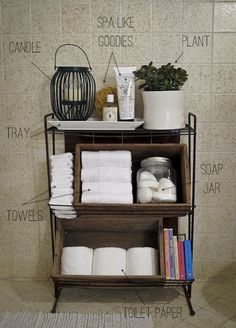 a bathroom shelf with towels and other items labeled on the shelves above it, along with toilet paper