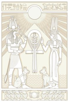 an egyptian scene with two men and a dog in front of a sunburst