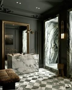 an elegant bathroom with marble floors and walls