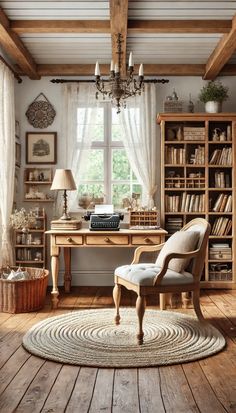 an old - fashioned desk and chair in the corner of a room with wooden floors