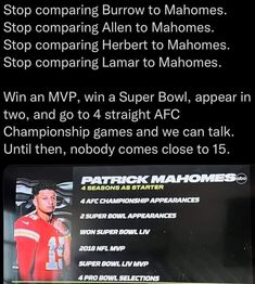 an ad for the nfl football team is shown in this screenshoto photo, with text that reads stop comparing ben to mahomes and stop comparing herbert to mahomes