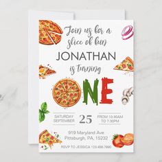 a pizza themed birthday party card