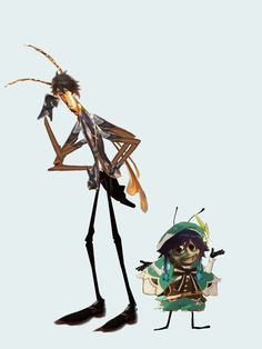 a cartoon character standing next to an insect with its legs spread out and head tilted back