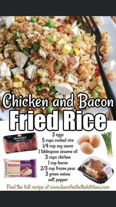 chicken and bacon fried rice recipe on a white plate