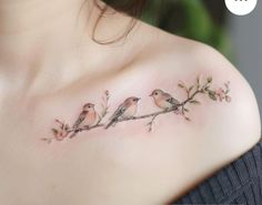 a woman's chest with three birds on the branch and flowers around her shoulder