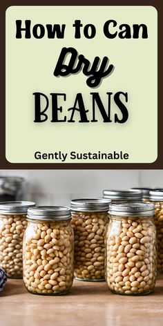 four jars filled with beans sitting on top of a wooden table next to a sign that says how to can dry beans