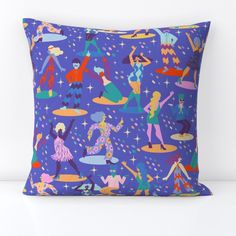 a purple pillow with colorful cartoon characters on it and stars in the sky above them