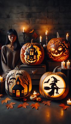 a woman sitting in front of pumpkins with carved faces