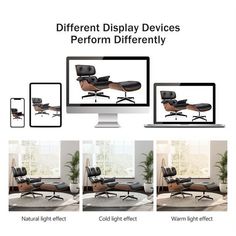 the different views of an eames chair and ottoman in front of a computer screen