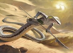 a snake with two swords in it's mouth and another snake on its back